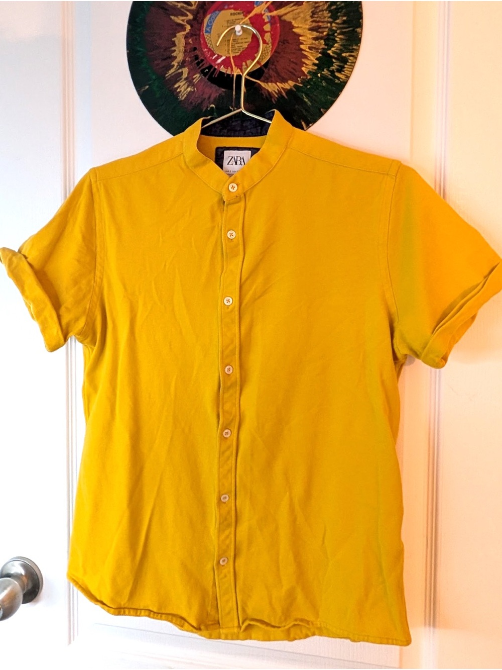 Zara Men’s Yellow Band-Collar Button-Up Shirt